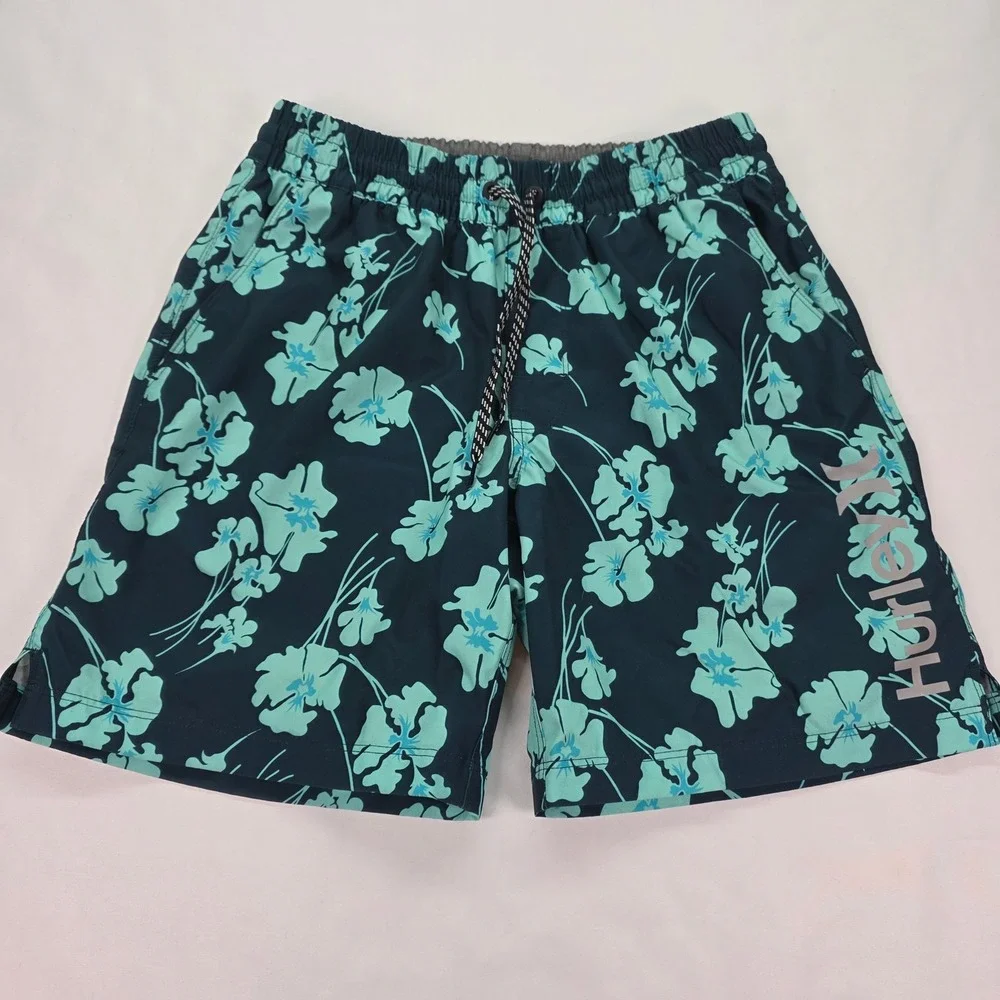 Hurley Mens Board Shorts Teal Floral Hibiscus Swim Trunks Navy Blue‎ Small 7in
